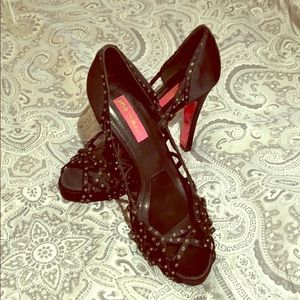 Betsey Johnson black peep toe heels with jewels